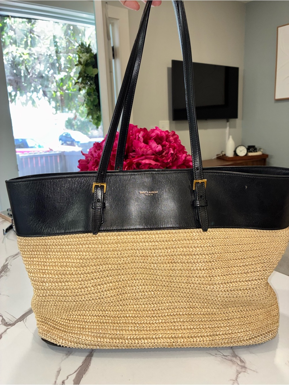 Saint Laurent Black & Natural Raffia Shopper Tote